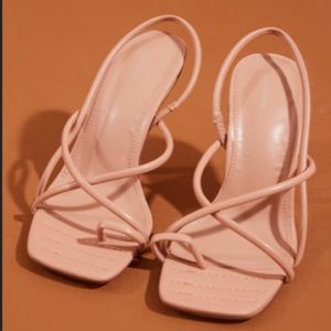 Camel PU Square Toe Loop Padded Side Strap Mid Heeled Sandals